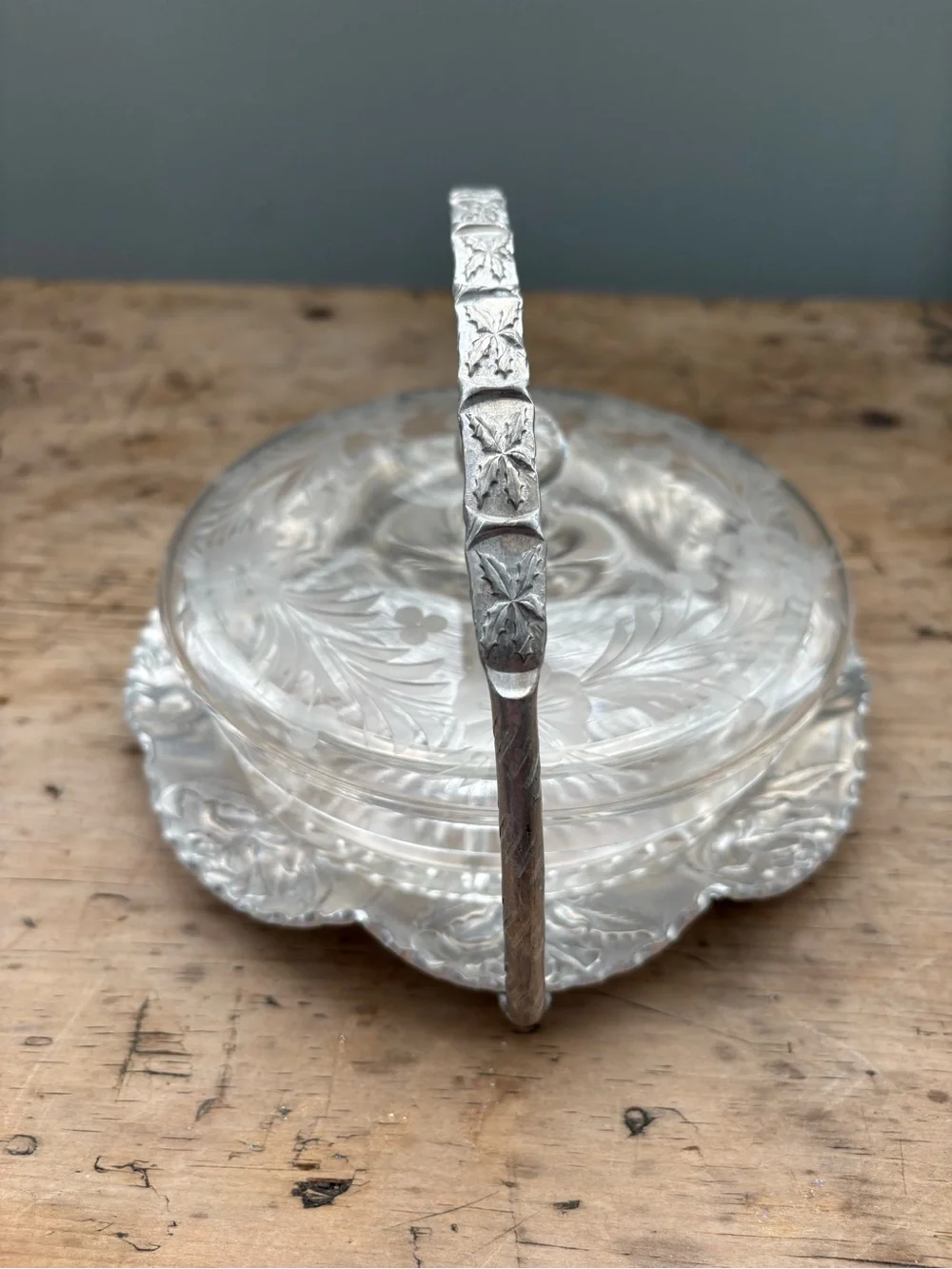 Vintage Hand Wrought Aluminum Handled Basket w/ Clear Etched Glass Covered Dish